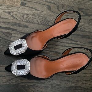 Amina Muaddi Black and Silver Heels with Crystal Embellishments
